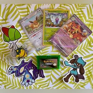 Pokemon Bundle with Cards, GBA Pokemon Emerald, Stickers, & Pikachu Zelda Pin ✨